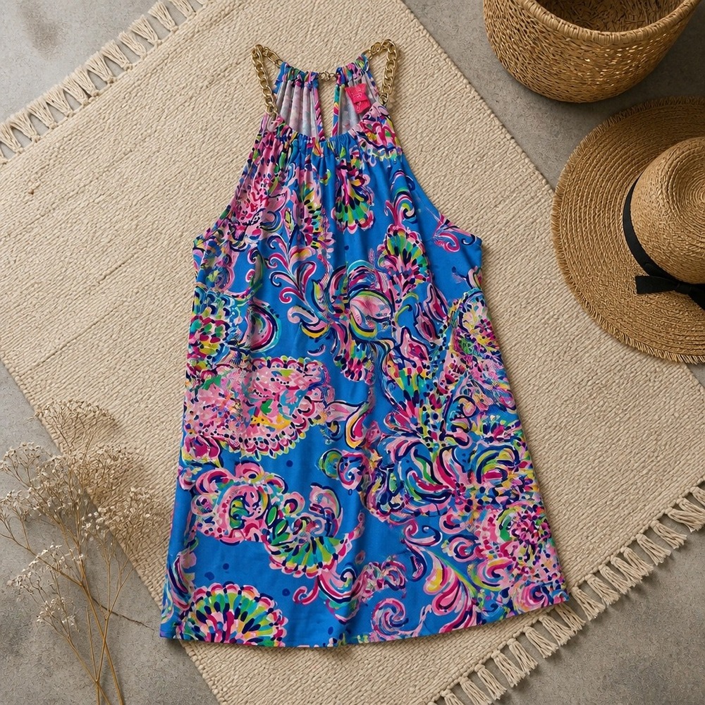 Lilly Pulitzer Bowen Top Mermaid Grotto Blue Pink Gold Chain Halter Blouse L NEW
